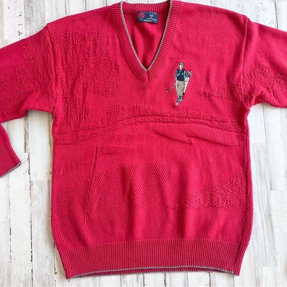 Isle of Cotton Vintage 80s 90s Mens M Golf Sweater Red V-Neck 100% Cotton Retro - Picture 2 of 12